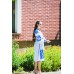 Boho Style Embroidered Midi Dress White with Blue/Light Blue Embroidery